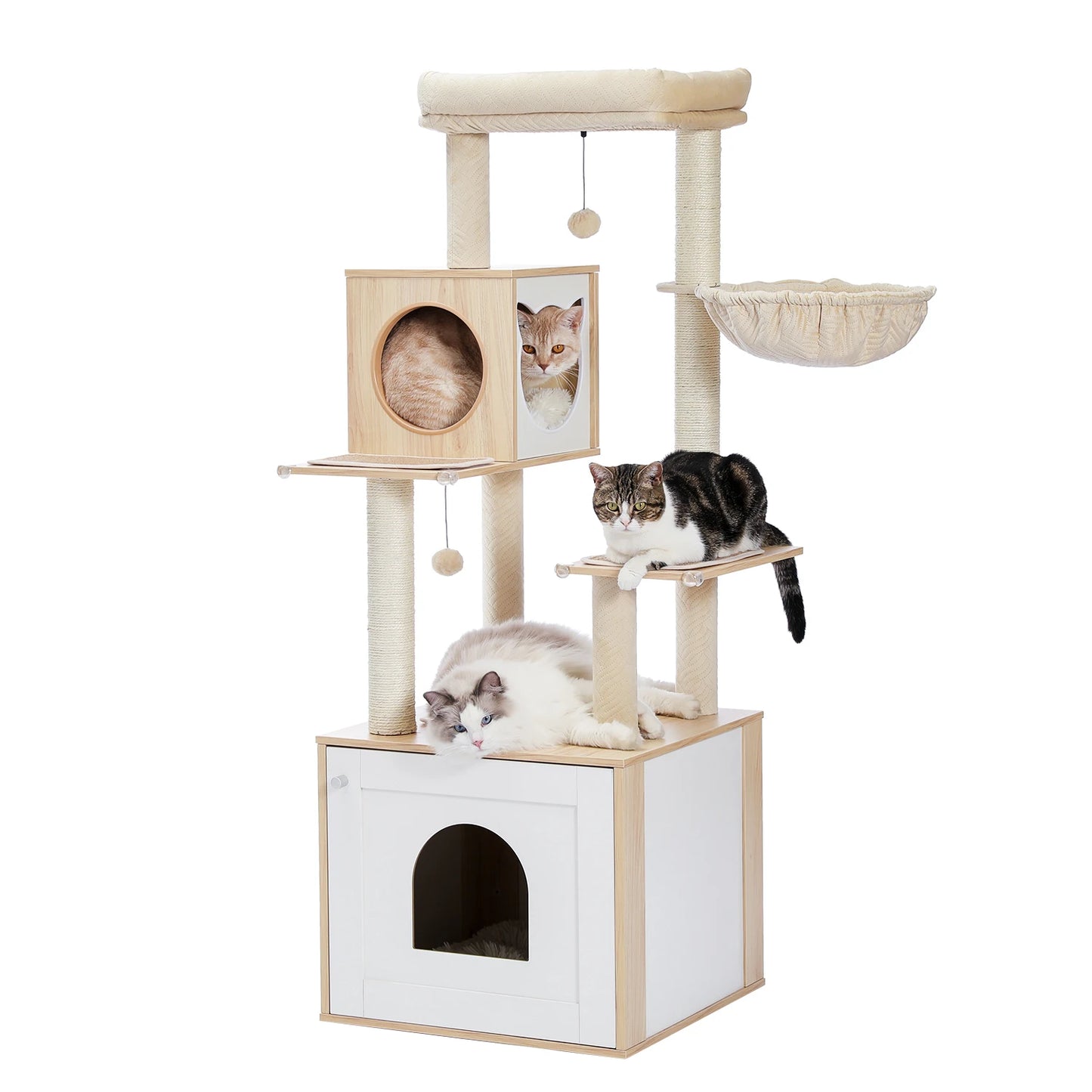 Beige cat tree with multiple levels and a hammock, featuring cats on different platforms.