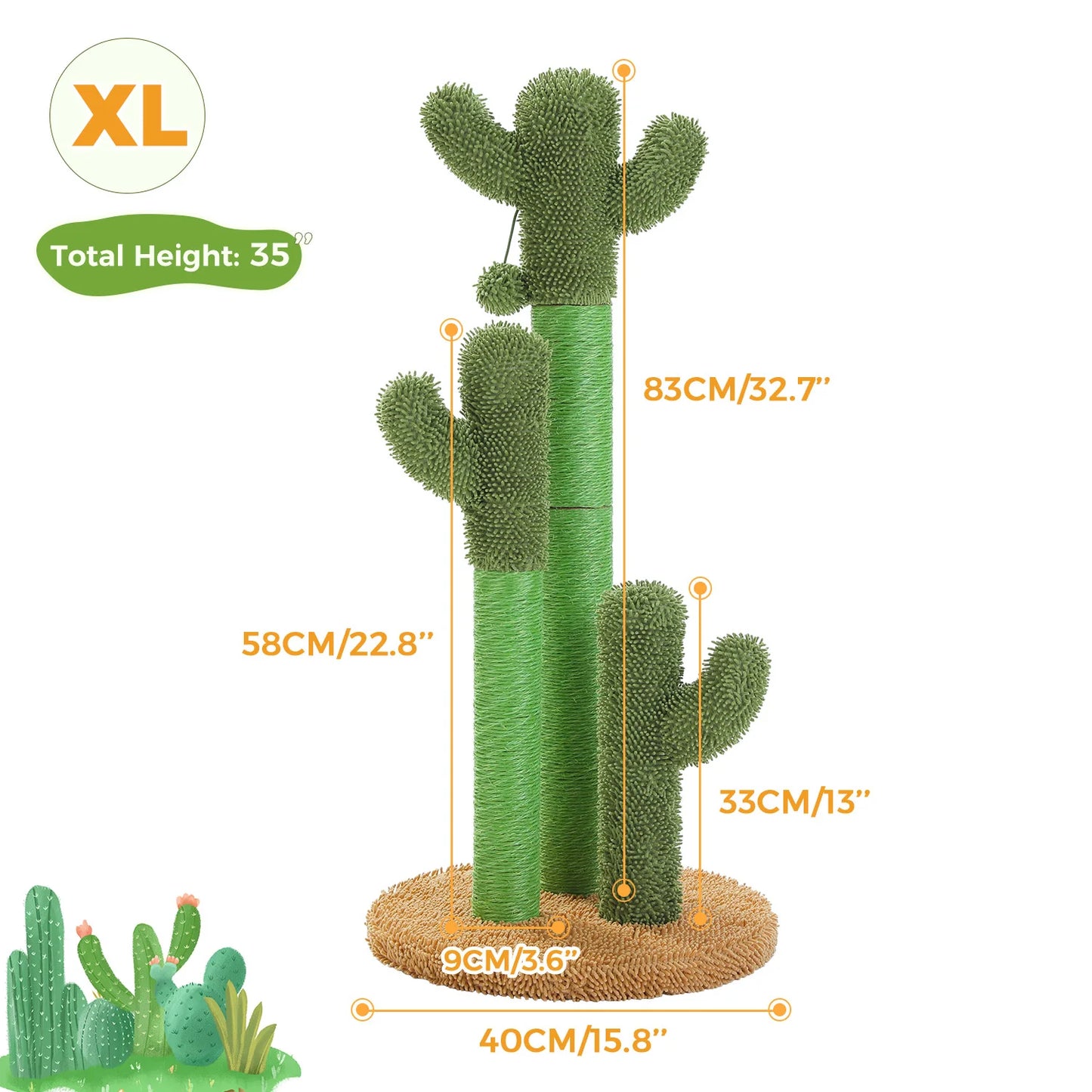 Measurement chart of a large cactus-shaped cat scratching post with dimensions on a white background