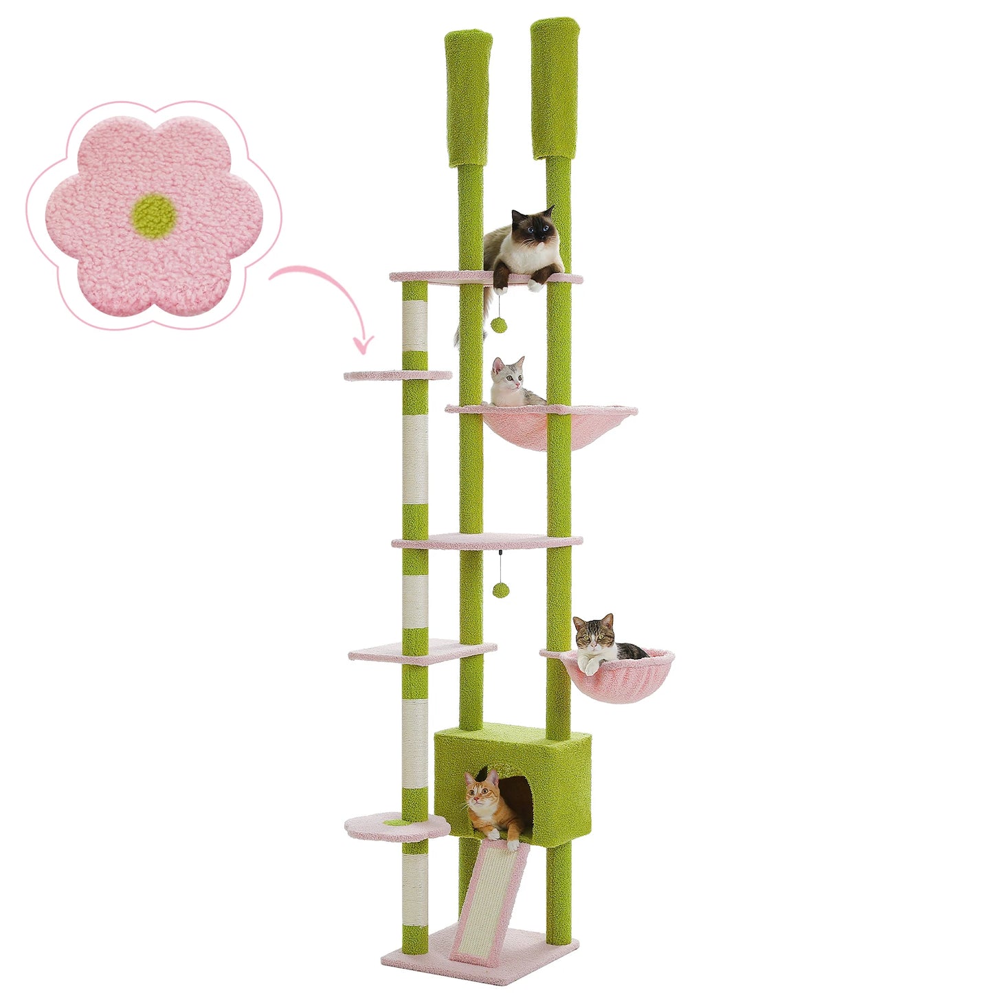 Green and white cat tree with multiple levels and a pink flower decoration on a white background with several cats.