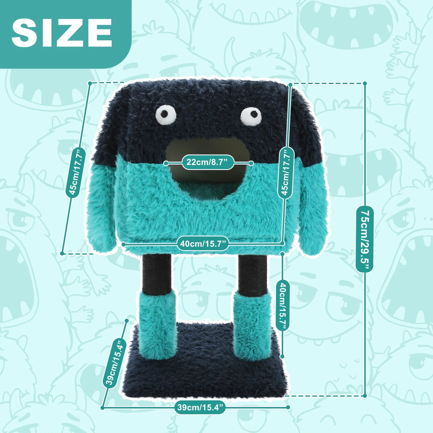 Plush monster-shaped cat tree with measurements on a light blue background