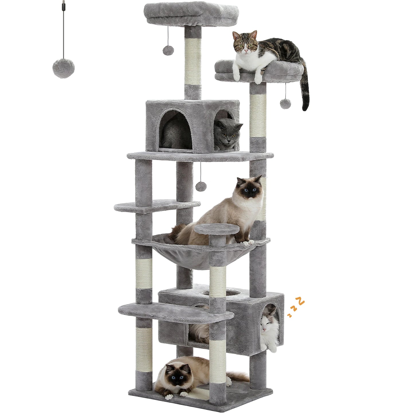 Gray cat tree with multiple levels and several cats sitting on it