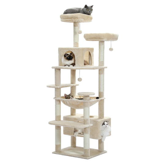 Beige cat tree with multiple levels and several cats sitting on top
