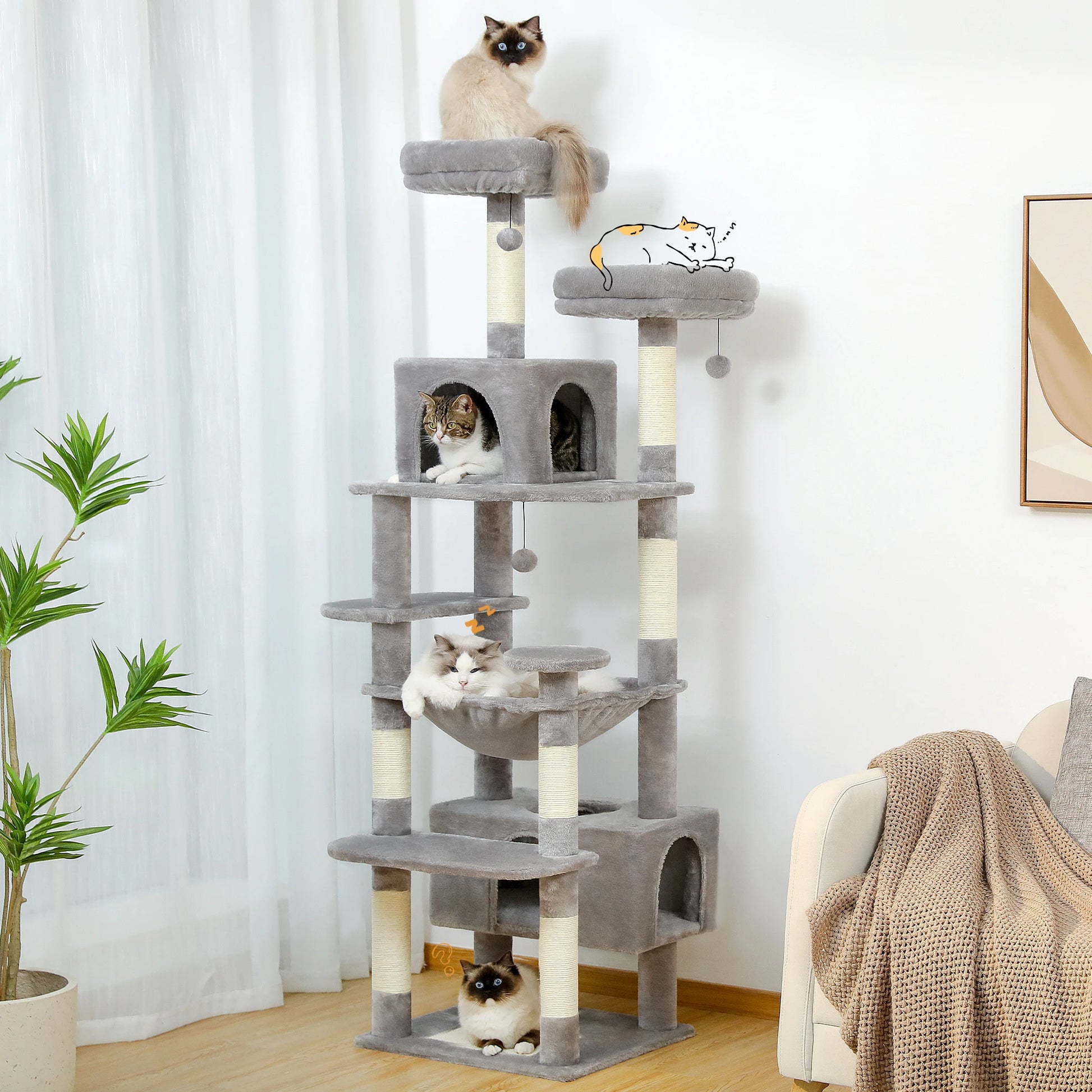 Gray cat tree with multiple cats on different levels in a room with a plant and chair.