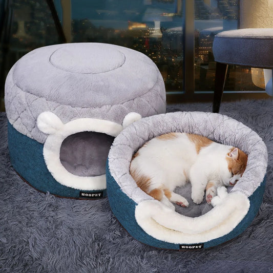 Cat sleeping on a cozy pet bed with another cat bed next to it and a cityscape in the background