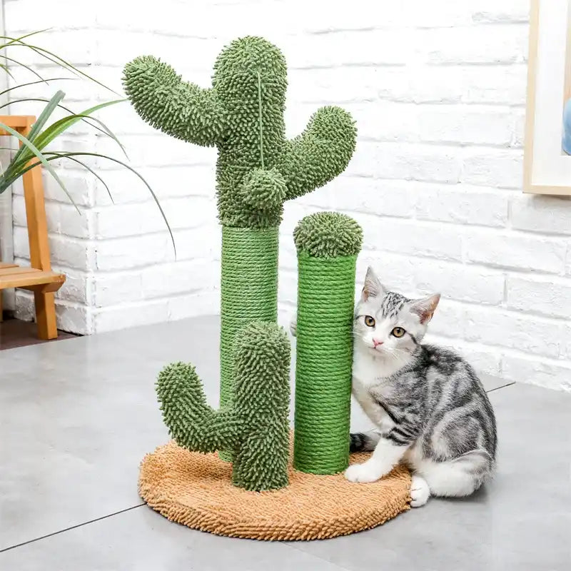 Cat sitting on a cactus-shaped scratching post in a home setting.