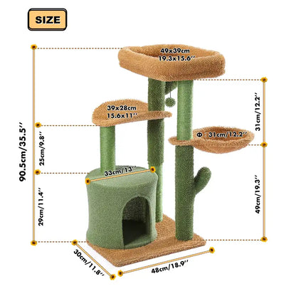 Cat tree with dimensions labeled on a white background