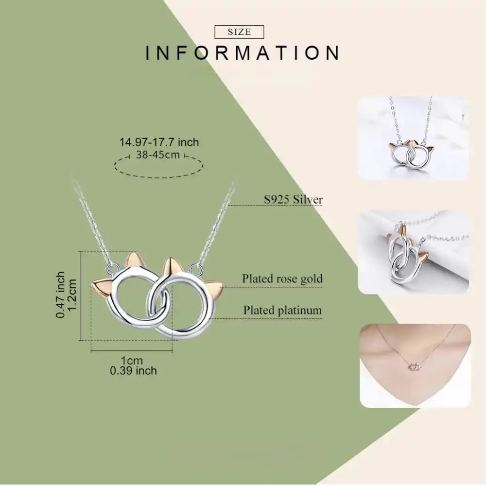 Necklace with interlocking rings, size information displayed on a green and beige background.