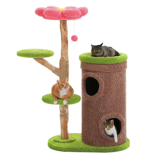 Cat tree with multiple levels and a cat sitting on top