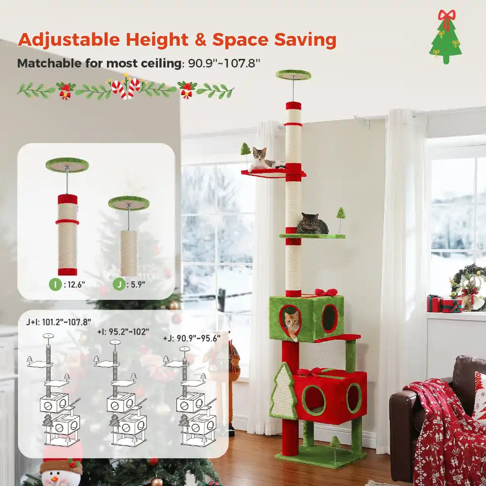 Cat tree with adjustable height and space-saving features in a living room setting.