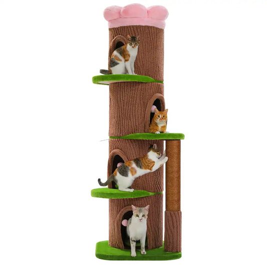 Cat tree with multiple levels and green platforms on a white background