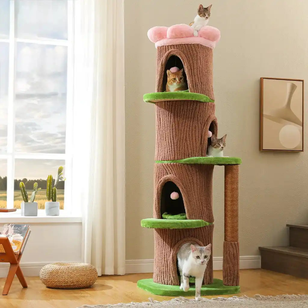 Cat tree with multiple levels and multiple cats in a room with a window and decor.
