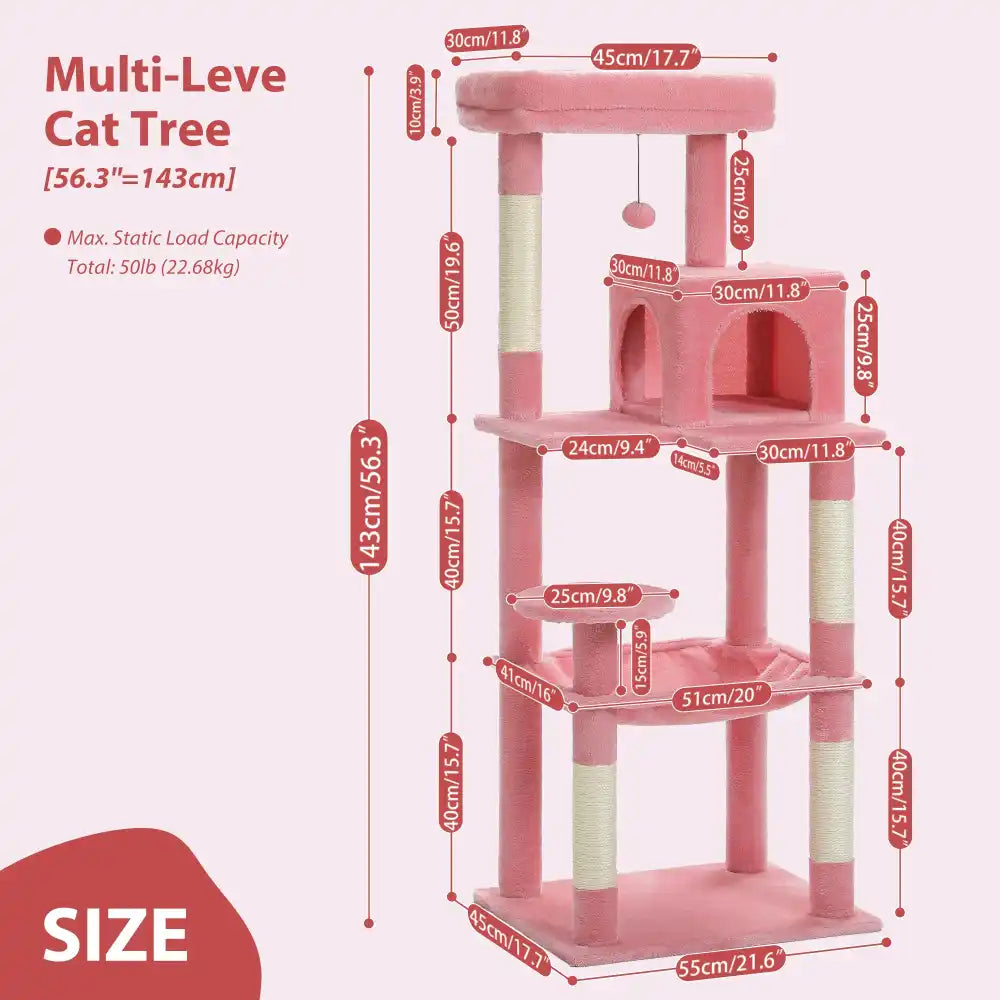 Pink multi-level cat tree with dimensions on a white background