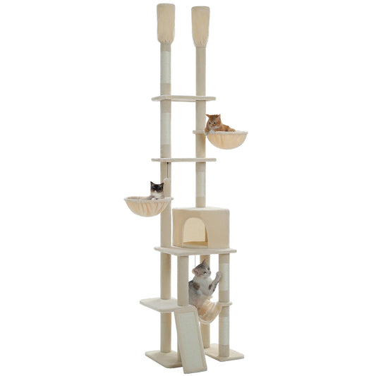 Cat tree with multiple levels and perches on a white background