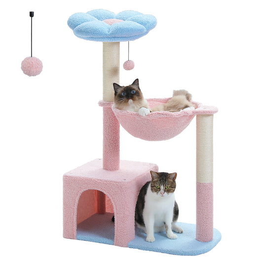 Cat tree with pink and blue platforms and a hammock, featuring two cats on a white background.