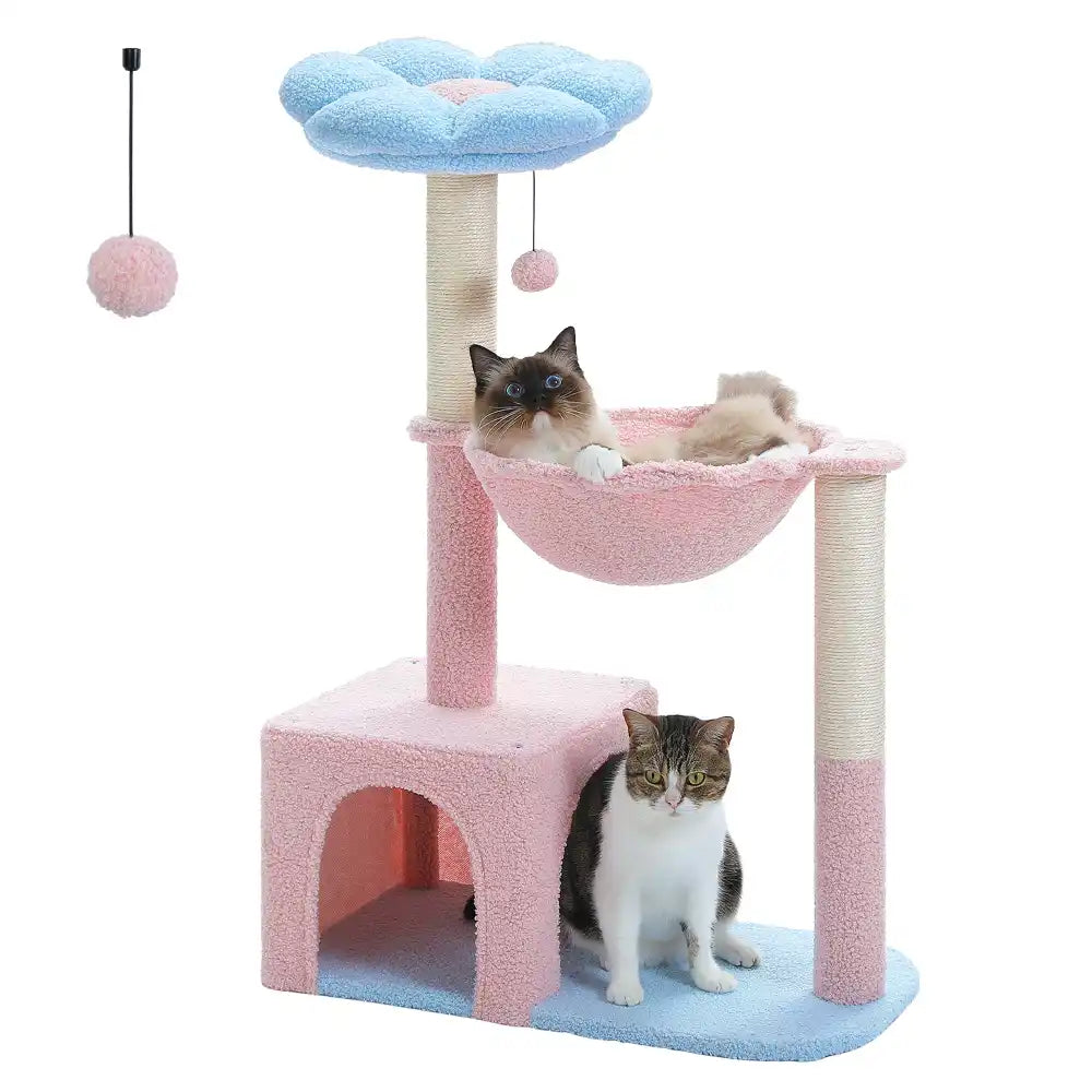 Cat tree with pink and blue colors featuring two cats on a white background