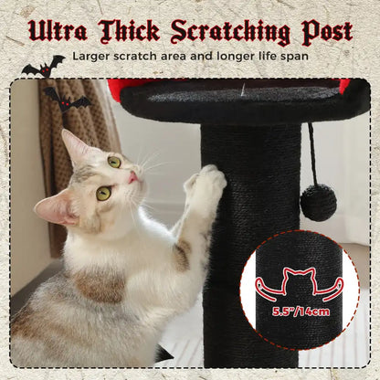 Cat using a black scratching post with text about its features.
