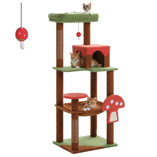 Cat tree with multiple levels, platforms, and a red ball toy on a white background