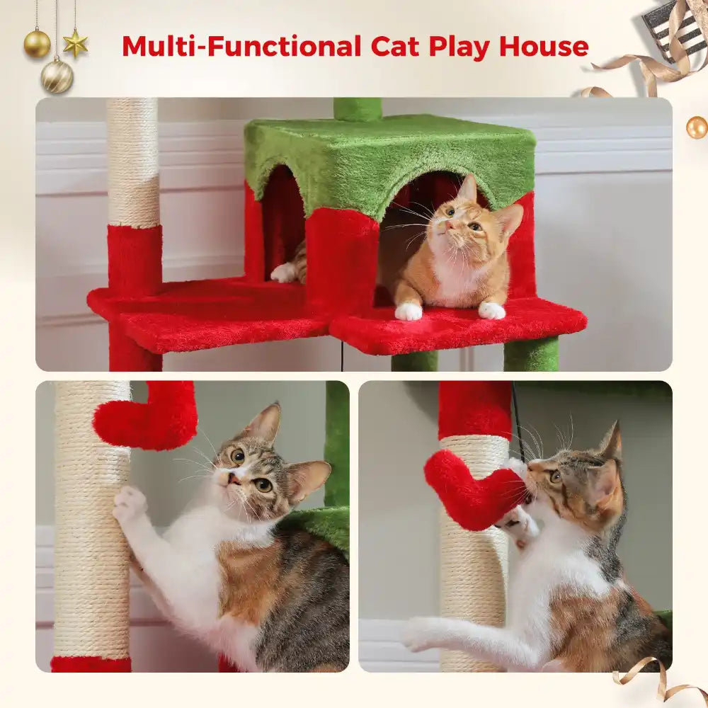 Multi-functional cat play house with cats interacting on and around it.