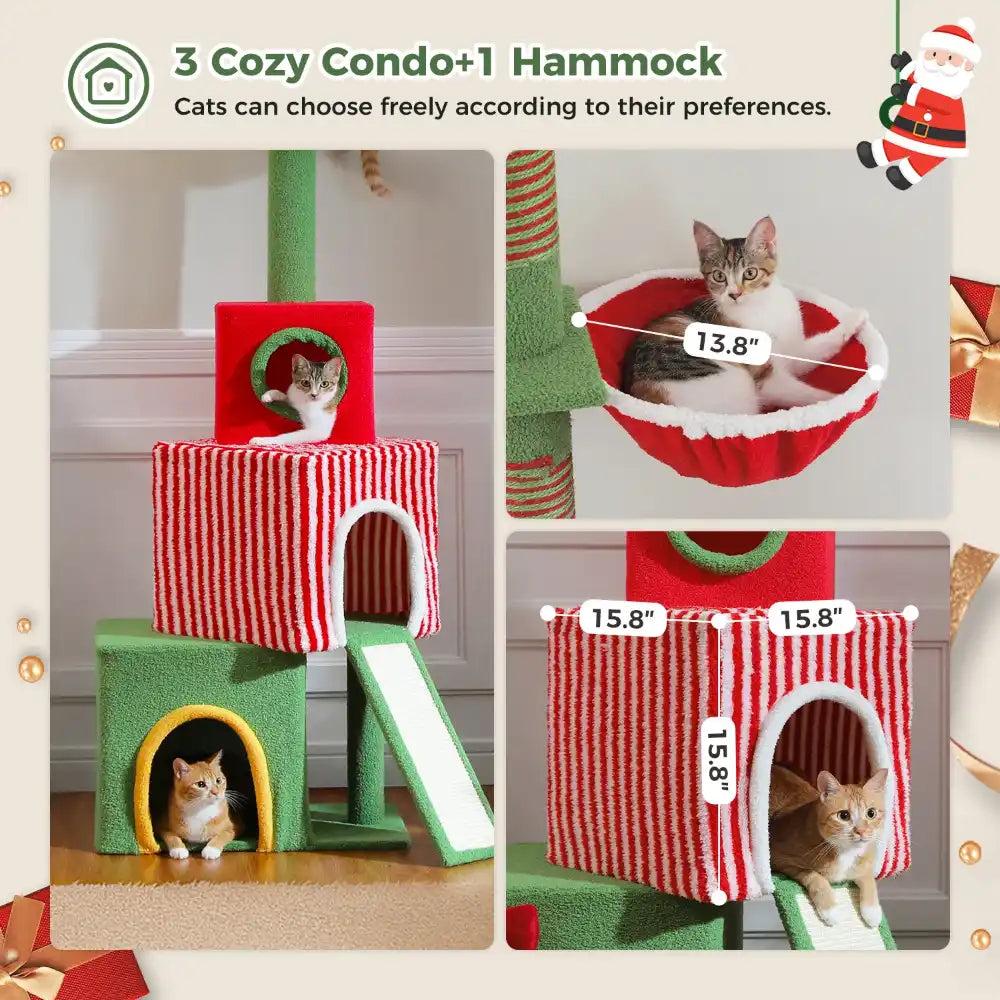 Cat play structure with cozy condos and a hammock, featuring cats interacting with the furniture.