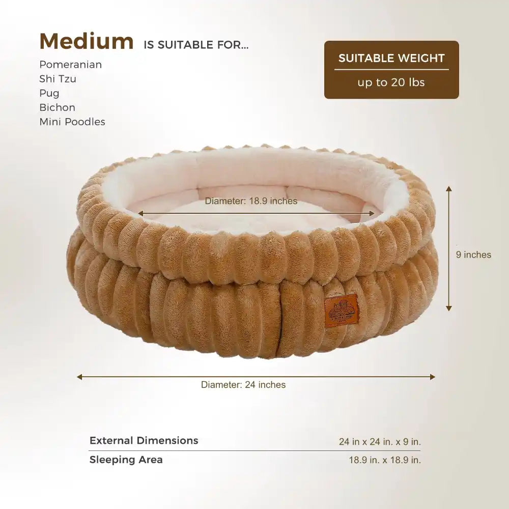 Caramel colored ribbed cat bed with dimensions and information listed on a cream background