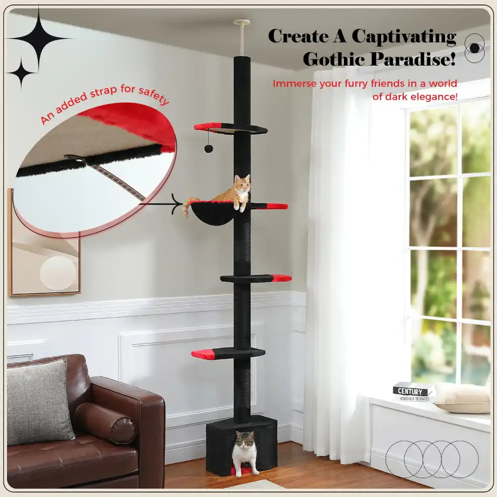 Cat tree with multiple levels and perches in a room with a window and sofa.