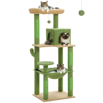 Green and beige cat tree with multiple levels and a hammock, featuring three cats on a white background.