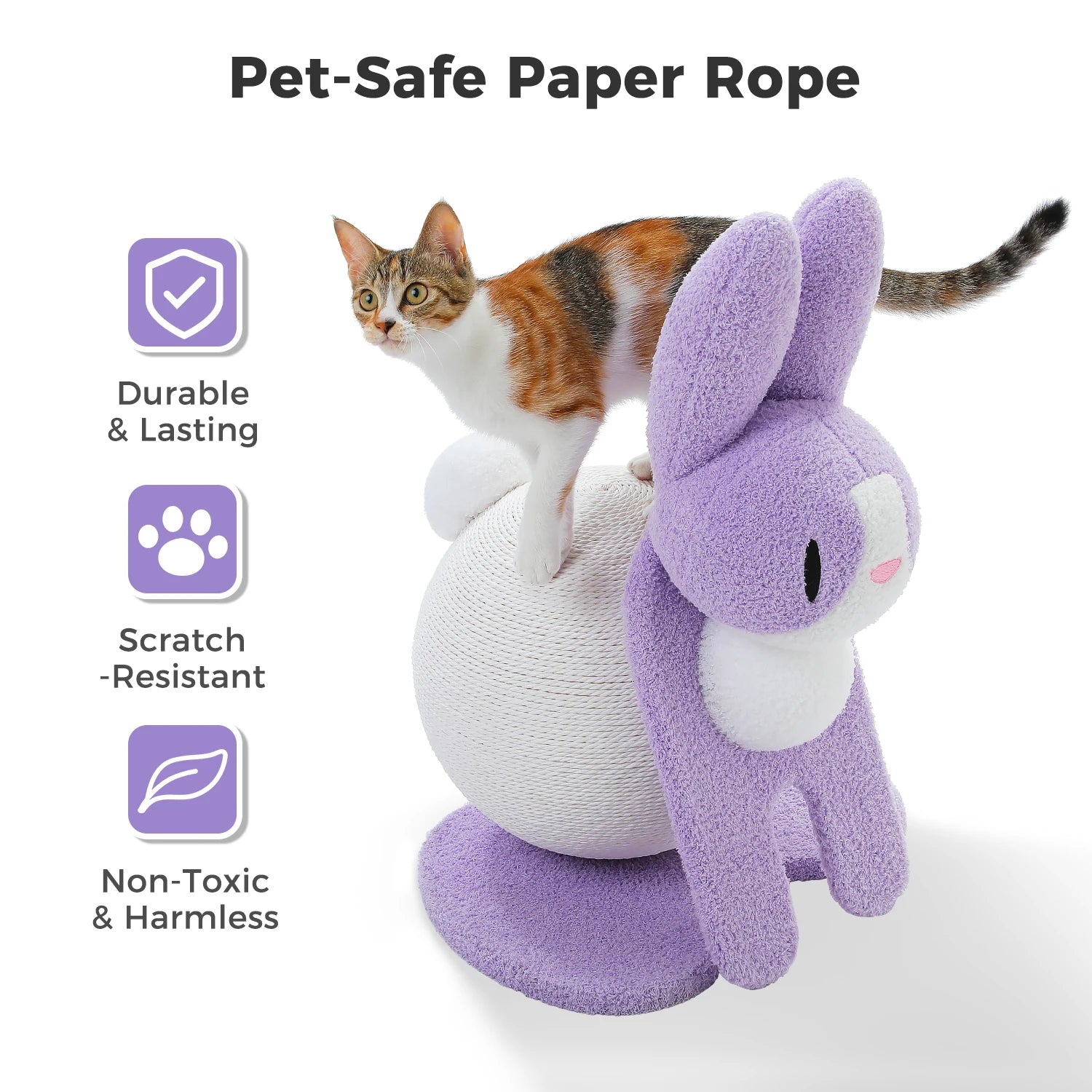 Cat playing with a purple bunny-shaped cat scratching post on a white background with text about pet-safe paper rope.