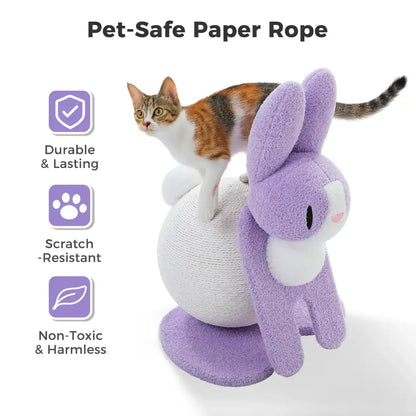 Cat playing with a purple cat scratcher shaped like a rabbit, with text highlighting features on a white background