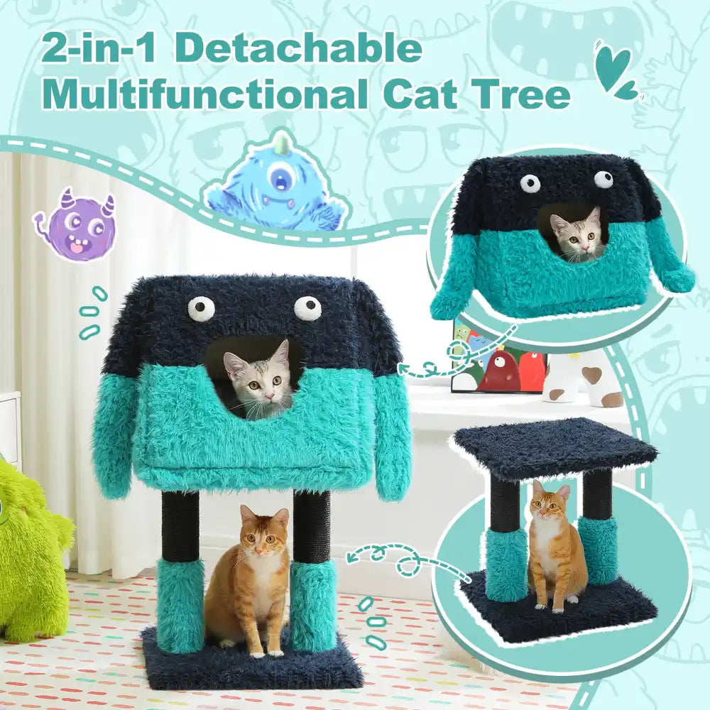 2-in-1 detachable multifunctional cat tree with a cat sitting on it, surrounded by cartoon elements.