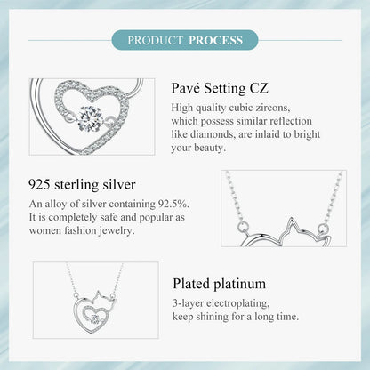 Product description for a silver necklace with heart-shaped cat design, featuring text about Pavé Setting CZ, 925 sterling silver, and plated platinum.