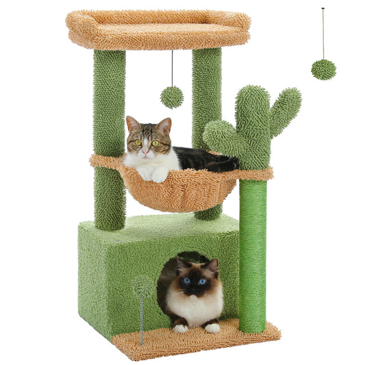 Cactus-detail cat tree with multiple levels, hammock, and hanging toys on a white background