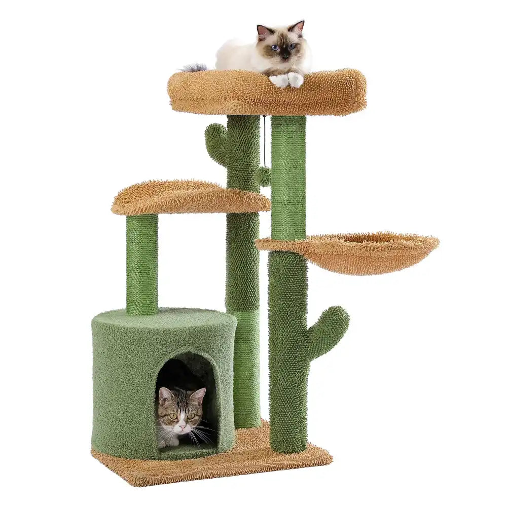 Cat tree with multiple levels and a cat sitting on top