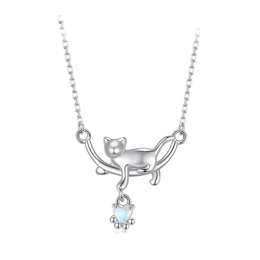 Silver cat-shaped necklace with a small pendant on a white background