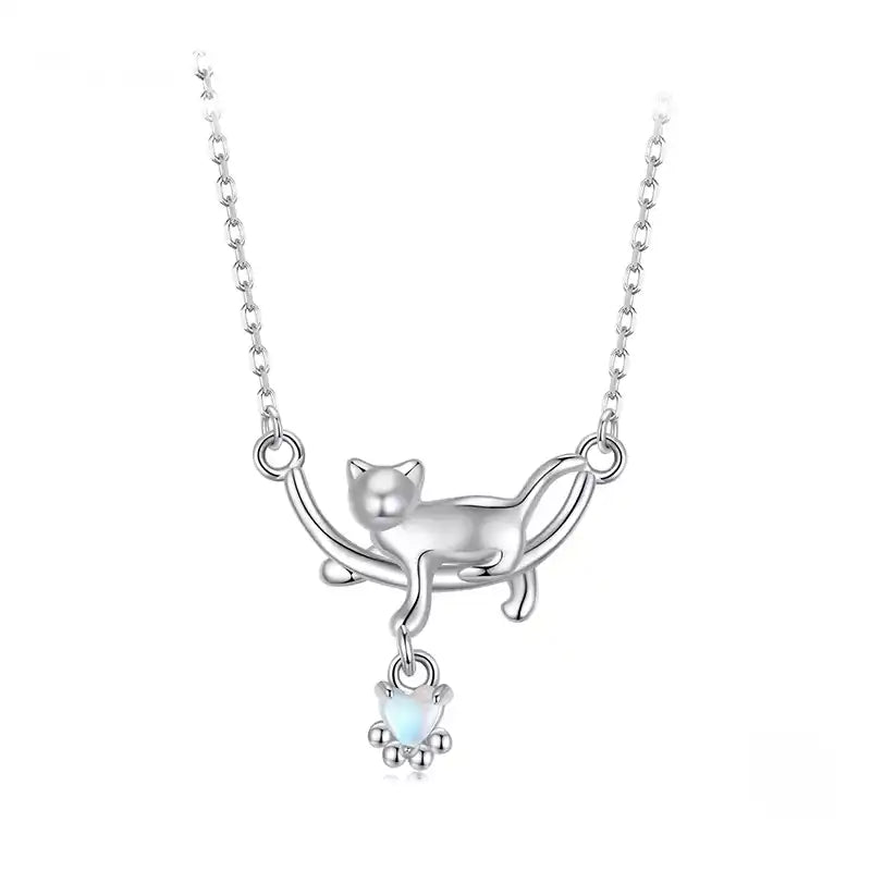 Silver cat necklace with a small pendant on a white background