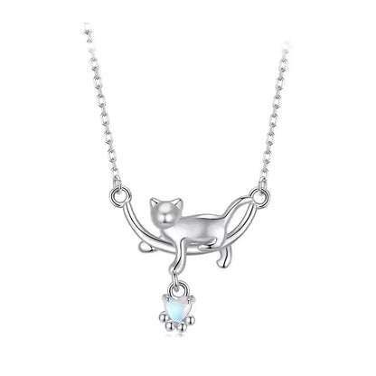 Silver cat necklace with a small pendant on a white background