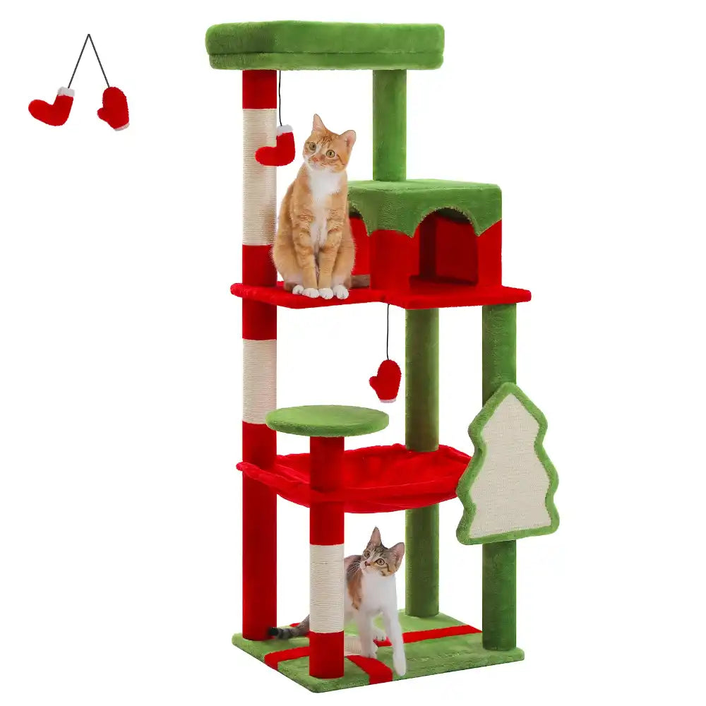 Cat tree with red and green colors featuring two cats on a white background
