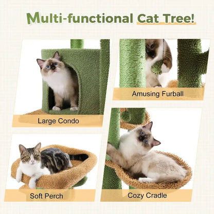Multi-functional cat tree with various features and cats using it.