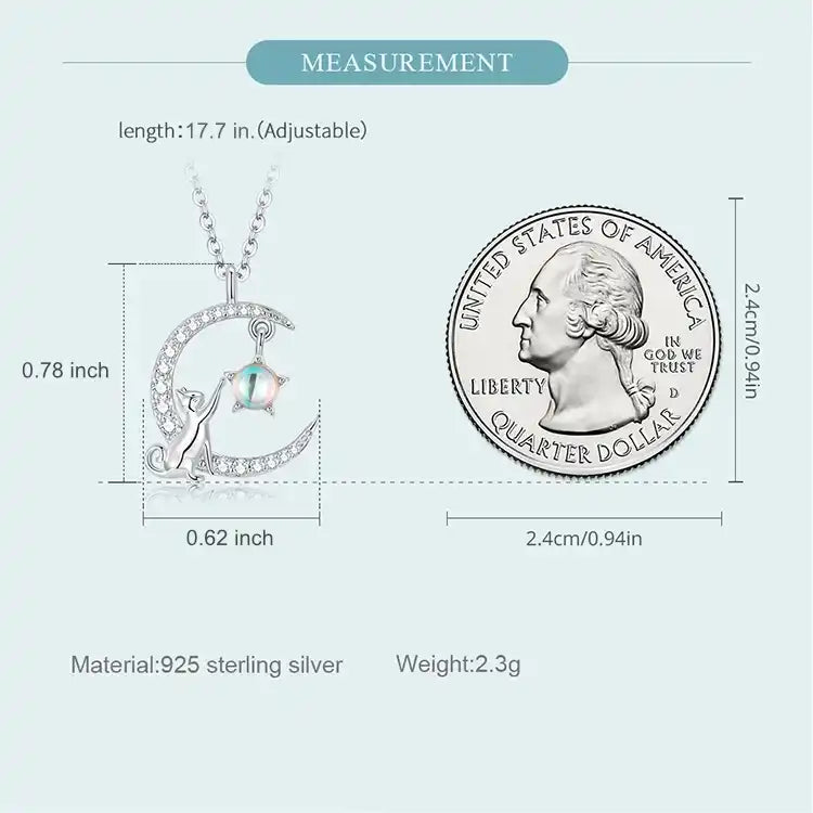 Image of cat and moon necklace alongside a US quarter dollar with measurements and details listed