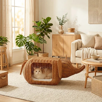 cat laying in wicker elephant-shaped cat house in living room setting