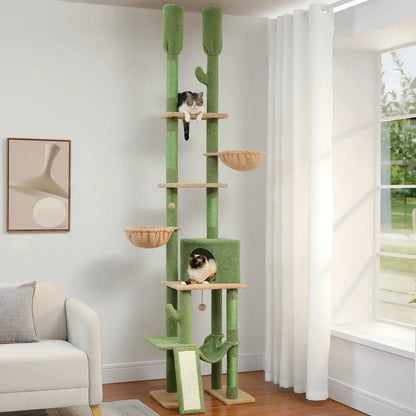 Cat tree with multiple levels and a cat on top in a living room setting