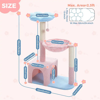 Measurement chart of a cat tree with dimensions labeled