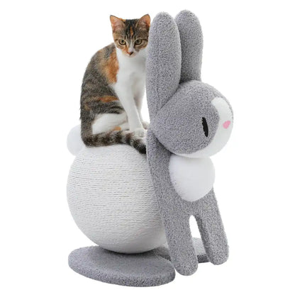 Cat sitting on a gray and white bunny-shaped cat scratcher