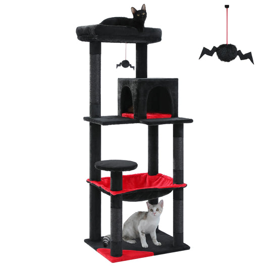 Black-and-red gothic themed cat tree with multiple levels and platforms, and a hanging toy on a white background, with two cats
