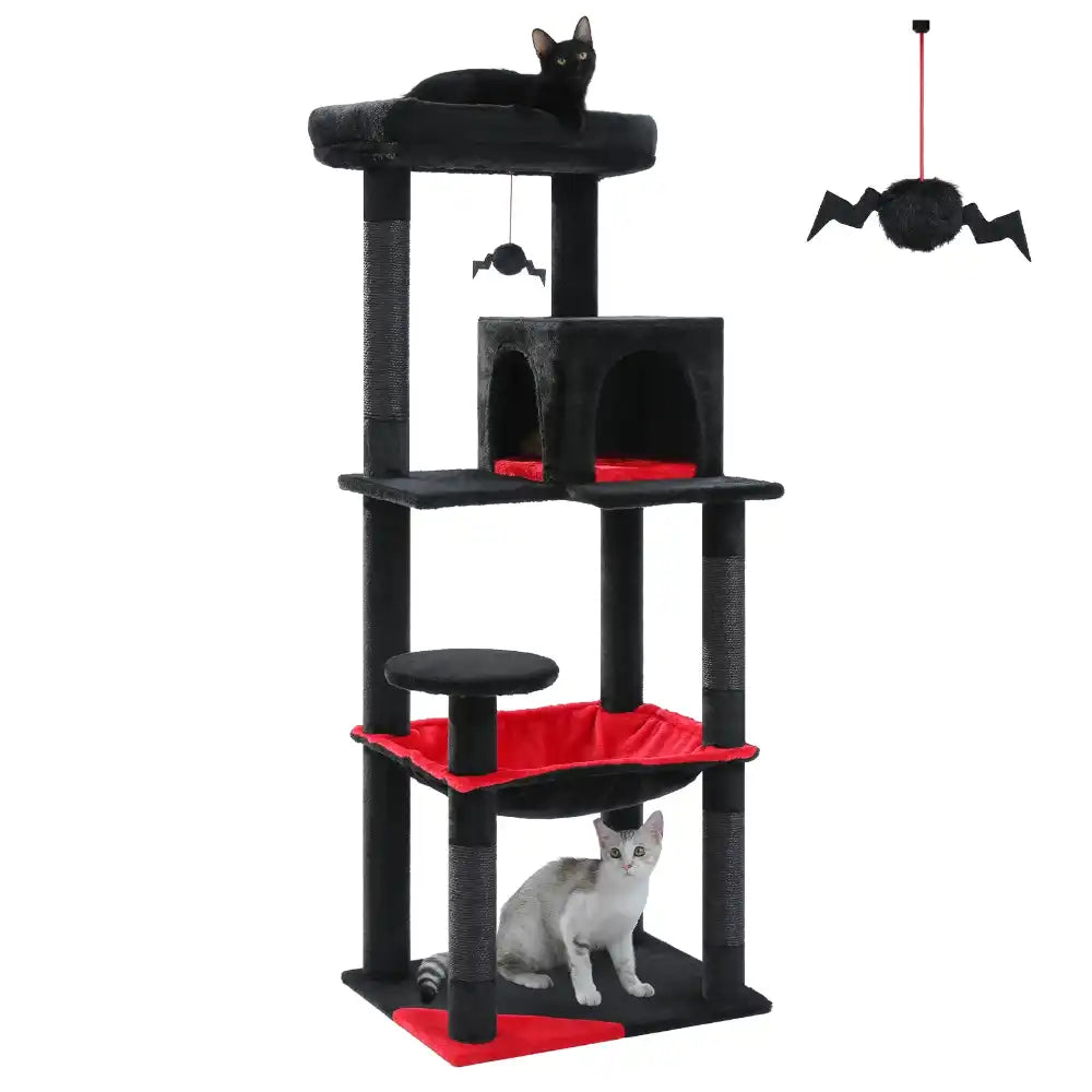 Cat tree with multiple levels, black and red platforms, and a hanging toy on a white background
