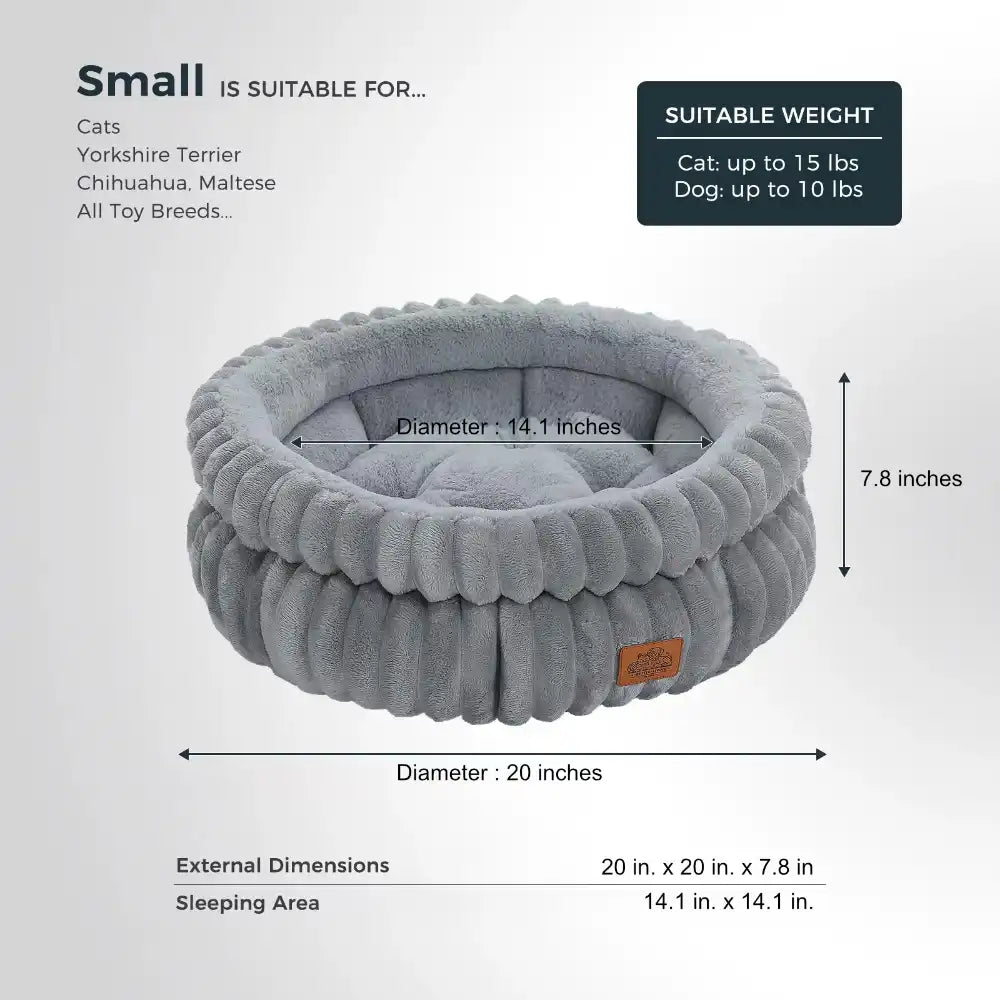 Gray cat bed with dimensions and information listed for size Small on a white background