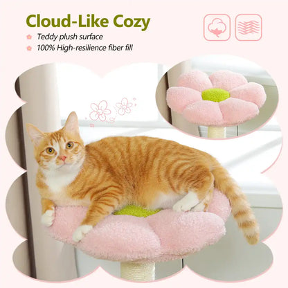 Cat sitting on a pink and green cloud-shaped pet bed with text highlighting features.