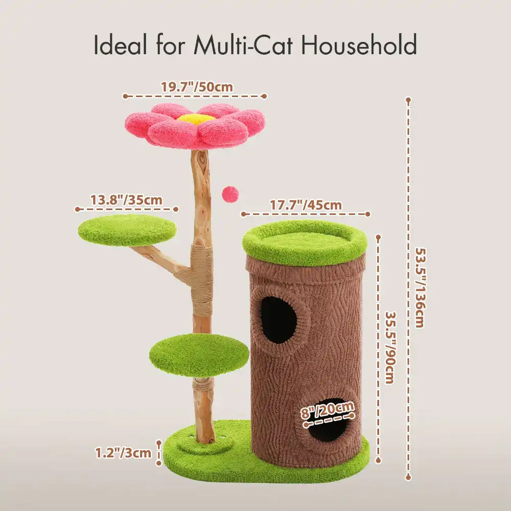 Cat tree with dimensions labeled, ideal for multi-cat households