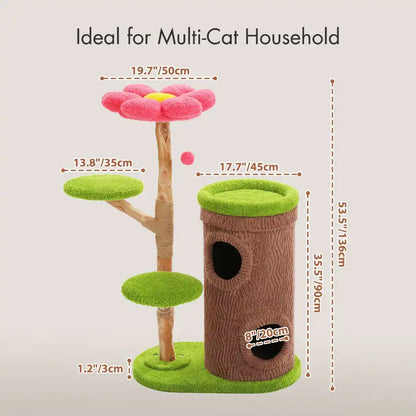 Cat tree with dimensions labeled, ideal for multi-cat households