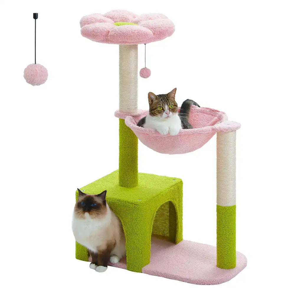 Cat tree with pink hammock and green base, featuring two cats on a white background