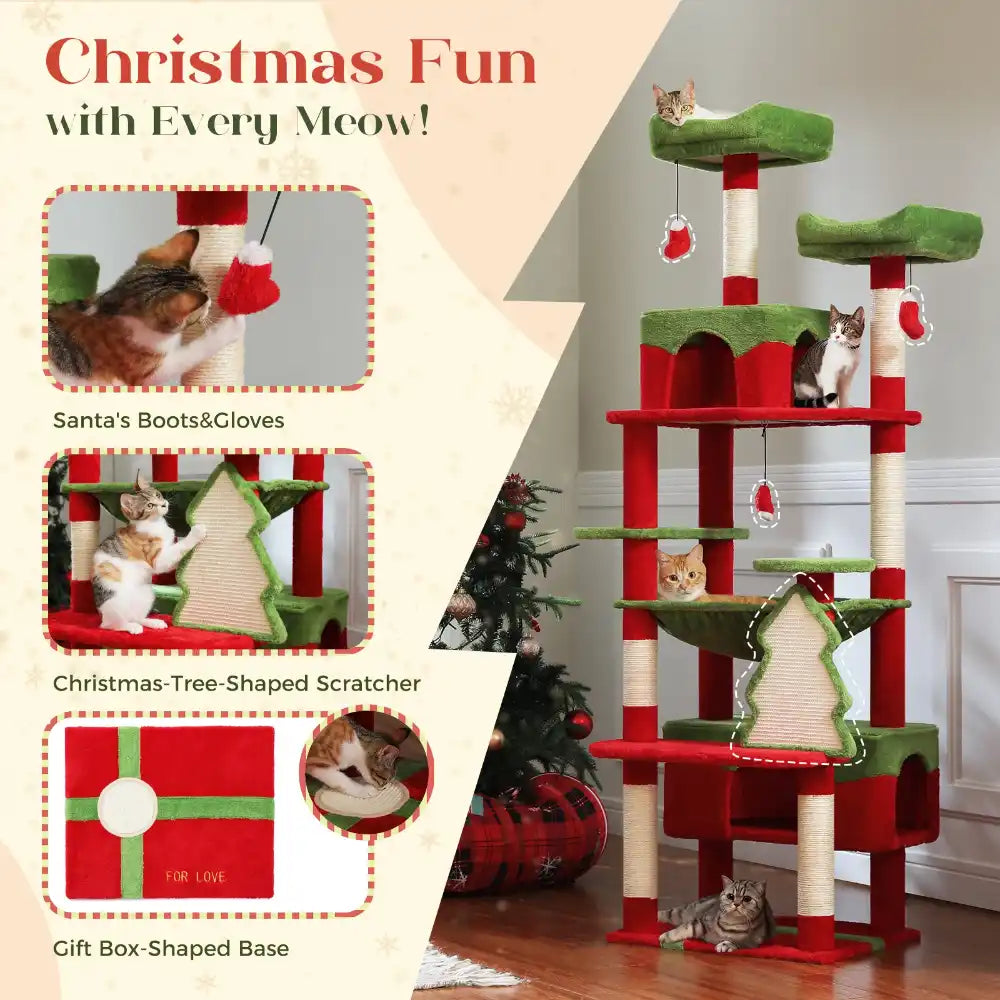 Cat tree with Christmas decorations and cats interacting with it, featuring text 'Christmas Fun with Every Meow!'.